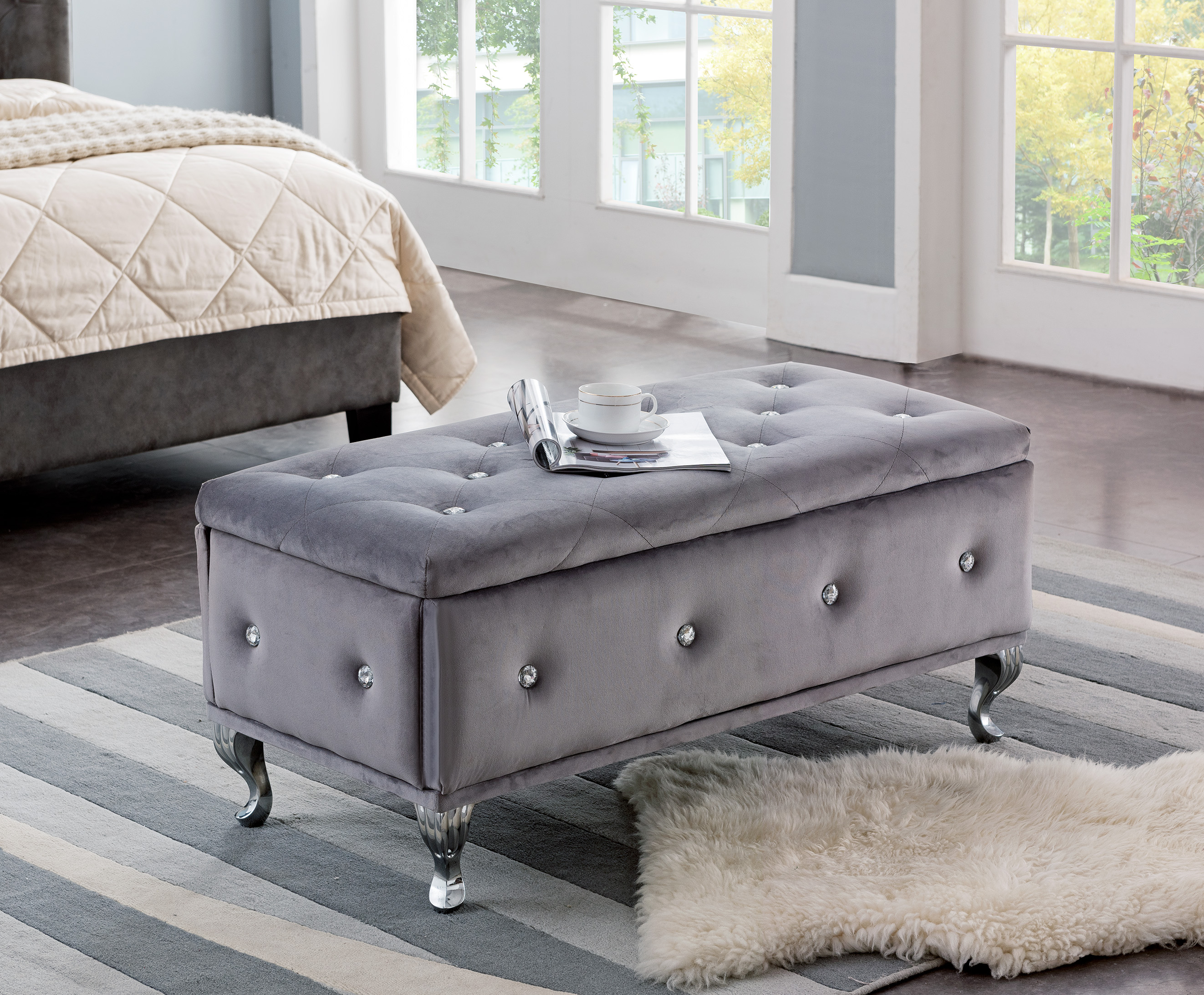 Kings Brand Furniture - Upholstered Tufted Storage Bench Ottoman, Gray