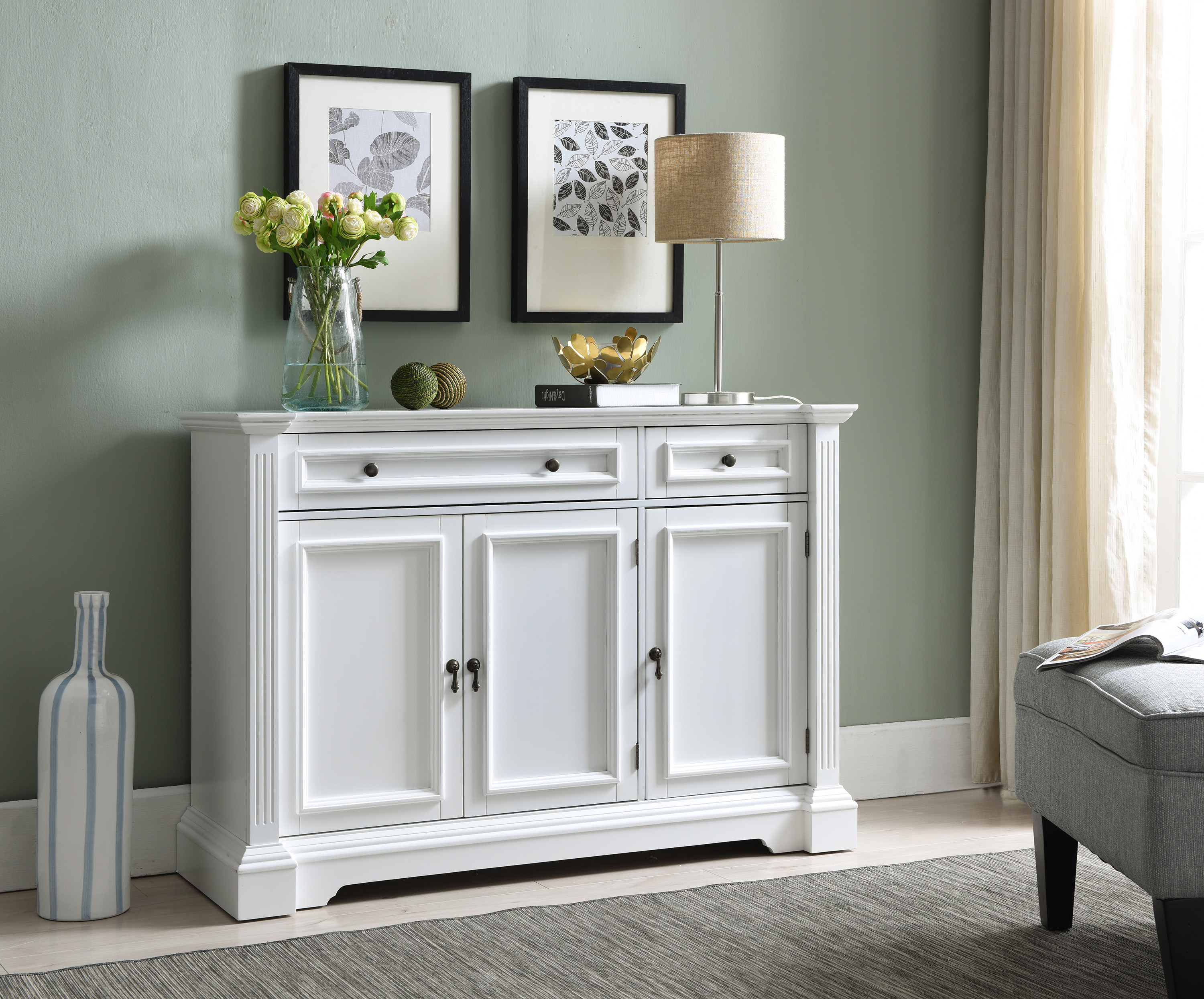 Kings Brand Furniture White Finish Wood Buffet Breakfront